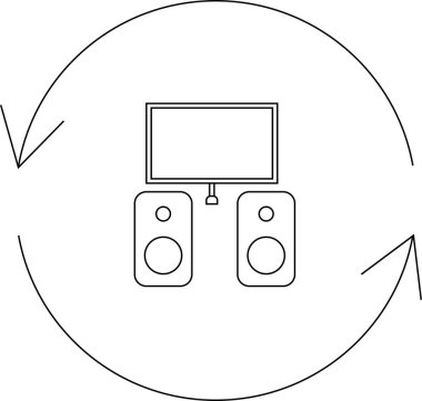 Televizyon ve hoparlörlü, ses deneyimini gösteren oklarla çevrili bir ses sistemi tasvir eden simge.