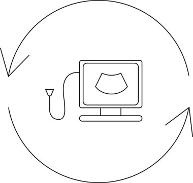 Dairesel oklarla çevrili bir ultrason makinesinin basit bir çizgi sanat simgesi, tıbbi görüntüleme ve teşhisi temsil ediyor..