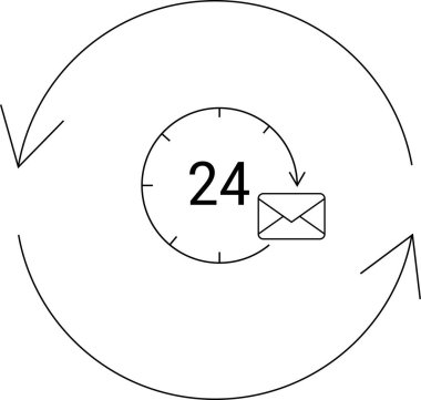 24 saat e-posta desteği içeren basit bir çizgi resim simgesi, 24 numara ve dairesel okları olan bir saat içeriyor.