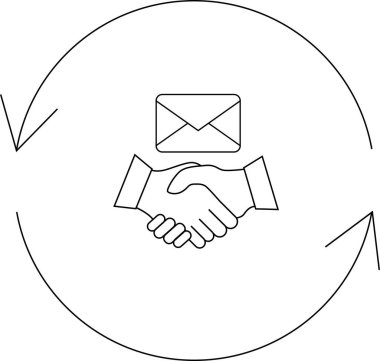 Bir el sıkışma ve e-posta simgesi, bir iş anlaşması iletişim döngüsünü temsil eden dairesel bir okun içine eklenmiştir.