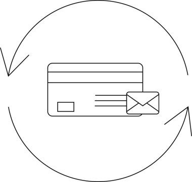 Dairesel oklarla çevrili, mali işlemleri ve iletişimi sembolize eden, içinde zarf bulunan bir kredi kartının minimalist çizgisi sanat tasviri..