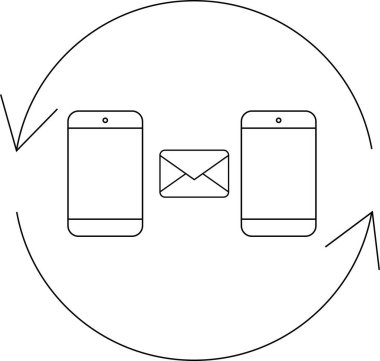 E- posta kullanan, iletişimi ve bağlantıyı vurgulayan dairesel, sürekli bir akış içinde iki mobil aygıt arasındaki veri alışverişini gösteren illüstrasyon.