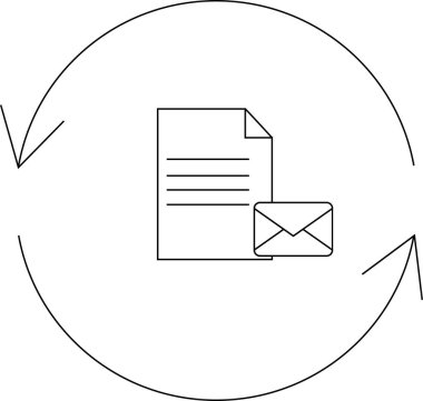 Dairesel bir ok içinde veri senkronizasyonu ve yönetim süreçlerini temiz, minimalist bir tasarım içinde sembolize eden bir belge ve e- posta simgesi.