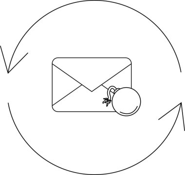 Dairesel bir okla çevrili bir zarfa yerleştirilmiş bir bombanın, siber saldırıyı simgelediği e-posta bombardımanı illüstrasyonu.