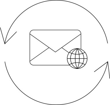 E-posta iletişiminin sembolik bir temsili, oklarla çevrili bir harf simgesinin sergilenmesi, küresel erişimi ve bağlantılılığı simgeliyor..