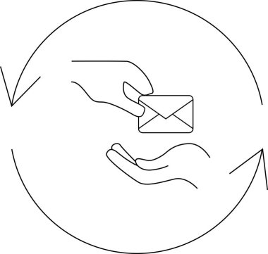 E- posta alışverişini gösteren, iletişimi, bilgi aktarımını ve dairesel bir dizayndaki geri bildirim döngülerini sembolize eden minimalist çizgi çizgisi çizimi.