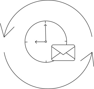 E-posta pazarlama otomasyon konsepti çizimi. Etrafında oklar ve zarf simgesi olan bir saat. Otomatik e-posta kampanyalarını ve planlanmış iletileri temsil eder.