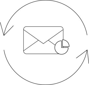 E- posta pazarlama analitik simgesi, dairesel oklarla çevrelenmiş, veri analizi ve optimizasyonu sembolize eden, üzerinde pasta grafiği olan bir zarf içeriyor..