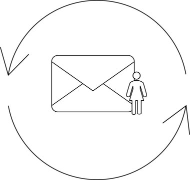 Dairesel oklarla çevrili bir e-posta ikonunun yanında duran bir kadın figürü ile e-posta pazarlama otomasyonu konsepti.