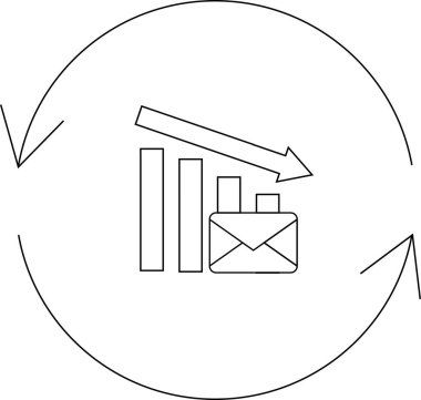 E- posta pazarlama konsept illüstrasyonunu azaltır. Dairesel tasarım içinde aşağı doğru bir ok, grafik ve e- posta simgesi özelliği.