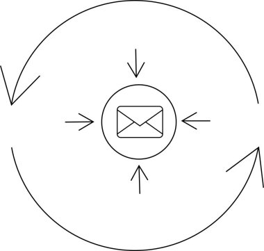 Merkezde dairesel okla çevrili bir zarf simgesini gösteren oklarla birlikte e-posta pazarlama döngüsü kavramı.