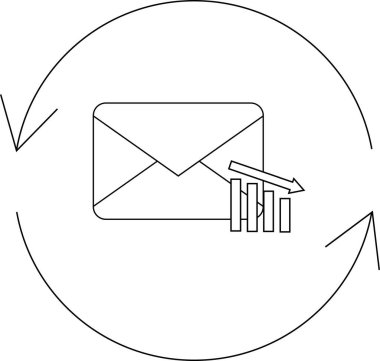 E- posta pazarlama düşüşü simgesi, bir zarfla birlikte aşağı yönlü bir eğilim göstererek, dijital kampanyalarda azalan etkinliği ve katılımı sembolize ediyor.