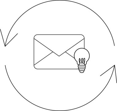 E- posta pazarlama yeniliğinin kavramsal bir çizimi, dairesel bir okun içinde ampul bulunan bir zarf, yaratıcı fikirleri ve sürekli gelişmeyi sembolize ediyor..