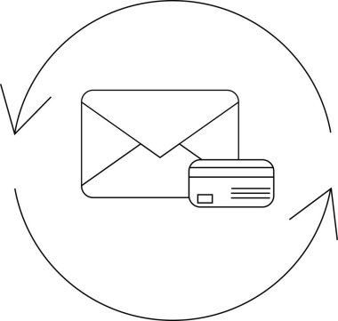 Ödeme hatırlatıcılarını temsil eden, yuvarlak oklarla çevrili, kredi kartlı bir e-posta tasvir eden basit bir çizgi resim simgesi.