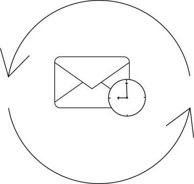 E- posta zamanlamasını gösteren basit bir satır sanat simgesi, saat kaplamalı bir zarf ve yinelemeyi gösteren dairesel oklar.