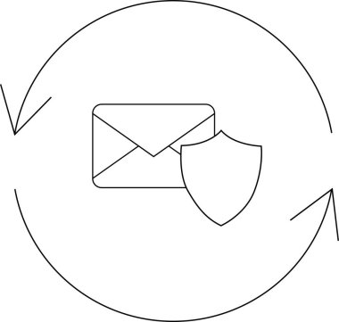 Dairesel oklarla çevrili bir zarfı koruyan bir kalkanla sürekli koruma gösteren bir e-posta güvenliği simgesi.