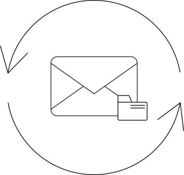 E- posta senkronizasyonunu temsil eden minimalist bir simge, klasör ve dairesel okların yer aldığı bir zarf, veri yönetimi ve iletişim verimliliğini sembolize ediyor.