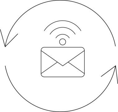Modern tasarım içerisinde veri transferi ve bağlantıyı temsil eden, kablosuz sinyal ve dairesel oklarla e- posta eşzamanlama simgesi.