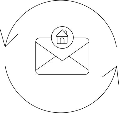 Dairesel oklarla çevrili, emlak güncellemeleri veya bildirimleri temsil eden bir ev sembolü içeren bir e-posta simgesi.