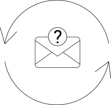 Yukarısında soru işareti olan bir e-posta simgesi, dairesel oklarla çevrili, belirsizlik veya açıklığa kavuşturma ihtiyacı gösteren.
