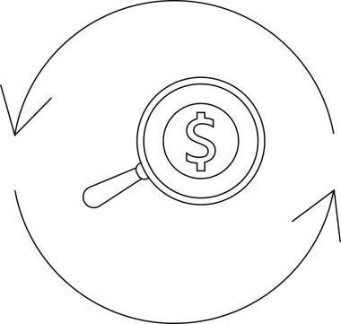 Bir dolar işaretinin üzerinde büyüteçle çevrili, sürekli gözden geçirme ve geliştirmeyi temsil eden, dairesel bir okla çevrili finansal analiz konsepti..