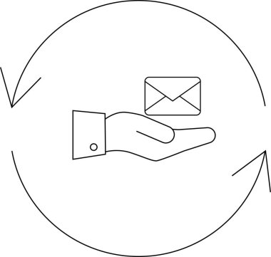 Bir el, etrafında dairesel oklar olan bir zarf tutuyor, e-posta pazarlama ve minimalist bir tasarımla iletişimi sembolize ediyor..