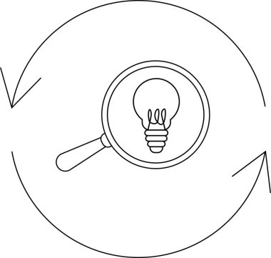 Büyüteç, dairesel bir süreç içinde fikir üretimini sembolize eden, sürekli gelişmeyi ve yeniliği temsil eden bir ampule odaklanır..