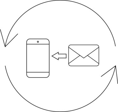Dairesel oklarla çevrili, iletişim ve veri transferini sembolize eden, bir e-posta zarfıyla bilgi alışverişinde bulunan bir akıllı telefon görüntüsü.