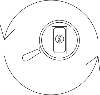 Bir büyüteç, dairesel oklarla çevrili bir dolar banknotunu inceler, mali denetimi ve para akışının döngüsel doğasını sembolize eder..