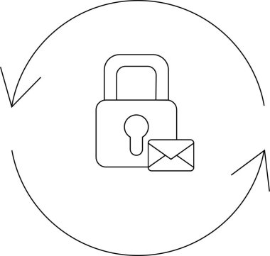 Güvenli e-posta iletişiminin kavramsal çizimi, oklarla çevrili bir asma kilit ve zarf içeriyor, korumayı ve döngüsel değişimi simgeliyor.