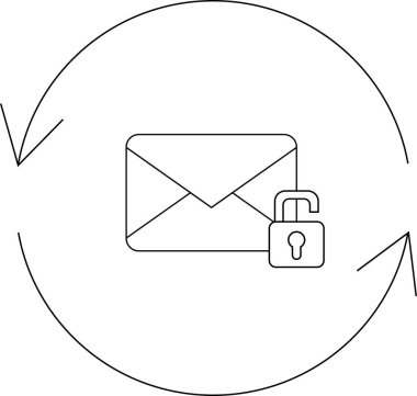 Zarf, asma kilit ve dairesel oklarla güvenli e-posta iletişimini gösteren, şifrelemeyi ve sürekli değiş tokuşu sembolize eden bir çizgi çizimi.