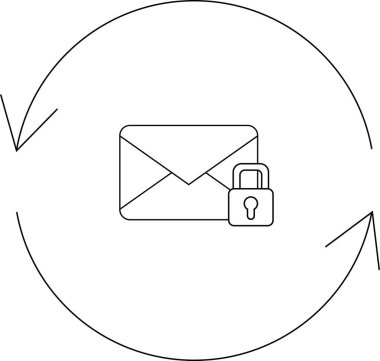 Dairesel oklarla çevrili asma kilitli bir zarf içeren güvenli bir e-posta konsepti, şifreleme ve veri korumasını sembolize ediyor.