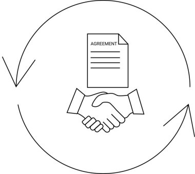 Dairesel oklarla çevrili bir anlaşma belgesi altında el sıkışma, pazarlığı ve anlaşma yapmayı simgeliyor.