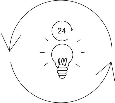 Bir saatin içinde 24 numaralı ampul, dairesel oklarla çevrili, 247 uygunluğu ve sürekli operasyonu simgeliyor..