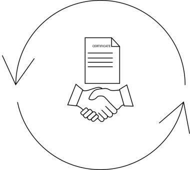 El sıkışma, sertifika ve dairesel ok ile yapılan bir iş anlaşmasının tasviri, anlaşmayı, sertifikayı ve sürekli süreci simgeliyor.