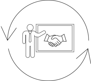 Sürekli bir süreci gösteren dairesel oklarla çevrili bir iş anlaşmasını sembolize eden el sıkışmayı gösteren bir sunum.