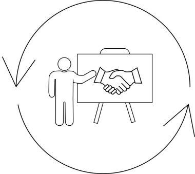 Yuvarlak bir okla çevrili bir tahtada el sıkışarak bir iş anlaşması sunan birinin basit bir çizimi..