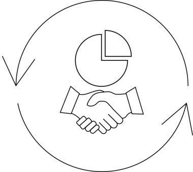 Dairesel bir okun içinde el sıkışma ve pasta grafiği olan bir iş ortaklığı simgesi, işbirliği ve büyümeyi temsil ediyor..