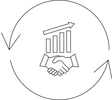 Bir el sıkışma, yükselen grafikler ve dairesel oklarla temsil edilen ve büyümeye yol açan bir iş ortaklığını tasvir eden bir çizgi çizimi..