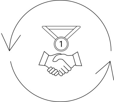 Üstü yuvarlak bir okla çevrili ve başarılı bir iş ortaklığı döngüsünü sembolize eden birinci sıra madalyalı bir tokalaşmayı gösteren grafik bir resim..