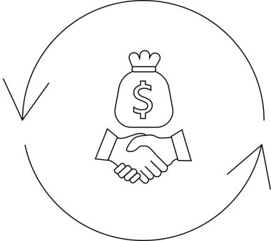 Finansal bir anlaşma tasvir eden bir çizgi sanat ikonu, el sıkışması, dolar işareti olan bir para çantası, ve işlem olduğunu gösteren dairesel oklar..