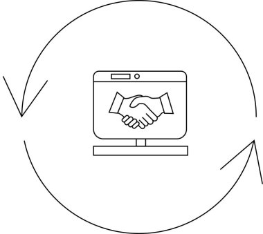 Bu resim çevrimiçi işbirliği ve ortaklık kavramını temsil ediyor, bir bilgisayar ekranında gösterilen, dairesel bir okla çevrili bir tokalaşma içeriyor..