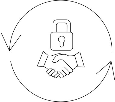 Dairesel bir okla çevrelenmiş asma kilit altında el sıkışma içeren, güvenli ortaklıkları ve güveni temsil eden sembolik bir çizim..