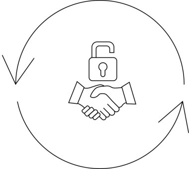 Güvenilir bir ortaklığın sembolik bir temsili, asma kilit altında el sıkışma, sürekli bir güven ve işbirliği döngüsünü gösteren oklarla çevrili..