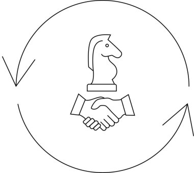 Bir satranç şövalyesi tarafından temsil edilen stratejik ortaklık döngüsü. Yuvarlak bir okla çevrili. İşbirliği ve stratejiyi simgeliyor..