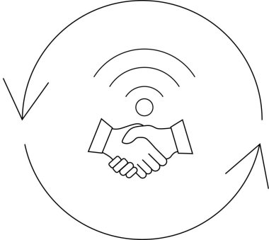 Dairesel bir ok içinde el sıkışma ve wifi sinyaliyle tasvir edilen, işbirliğini kolaylaştıran kablosuz bağlantının sembolik bir temsili..