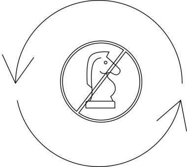 Dairesel oklarla çevrili bir çemberin içinde bir satranç şövalyesi ikonu çiziliyor. Bu da şövalye hareketlerinin yasaklandığını ya da yasaklandığını gösteriyor..