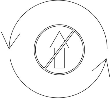 Yuvarlak bir okun yukarı doğru hareket kısıtlamasını veya sınırlamasını gösteren, yasaklı bir yön sembolü içeren siyah ve beyaz bir çizimi.