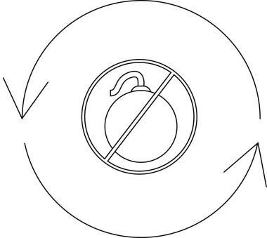 Dairesel oklarla çevrili, üzerinde bomba olan siyah beyaz bir sembol, şiddet içermeyen bir döngü olduğunu gösteriyor..