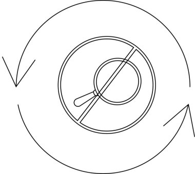 Büyüteç etrafında dönen, arama ya da gözden geçirme sürecini sembolize eden siyah ve beyaz bir simge.